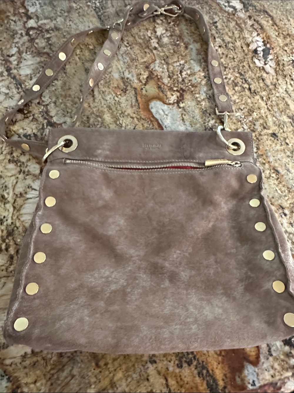 Taupe Suede Shoulder Bag with Gold Stud Accents - Women